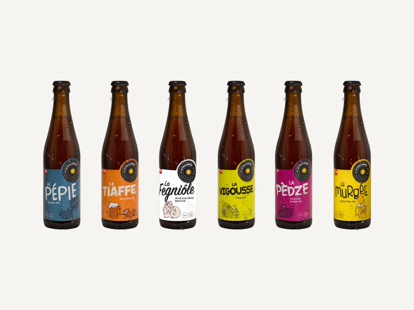 Les six bières de La Challensoise : la Pépie, la Tiaffe, la Fegniôle, la Vigousse, la Pèdze et la Murgée