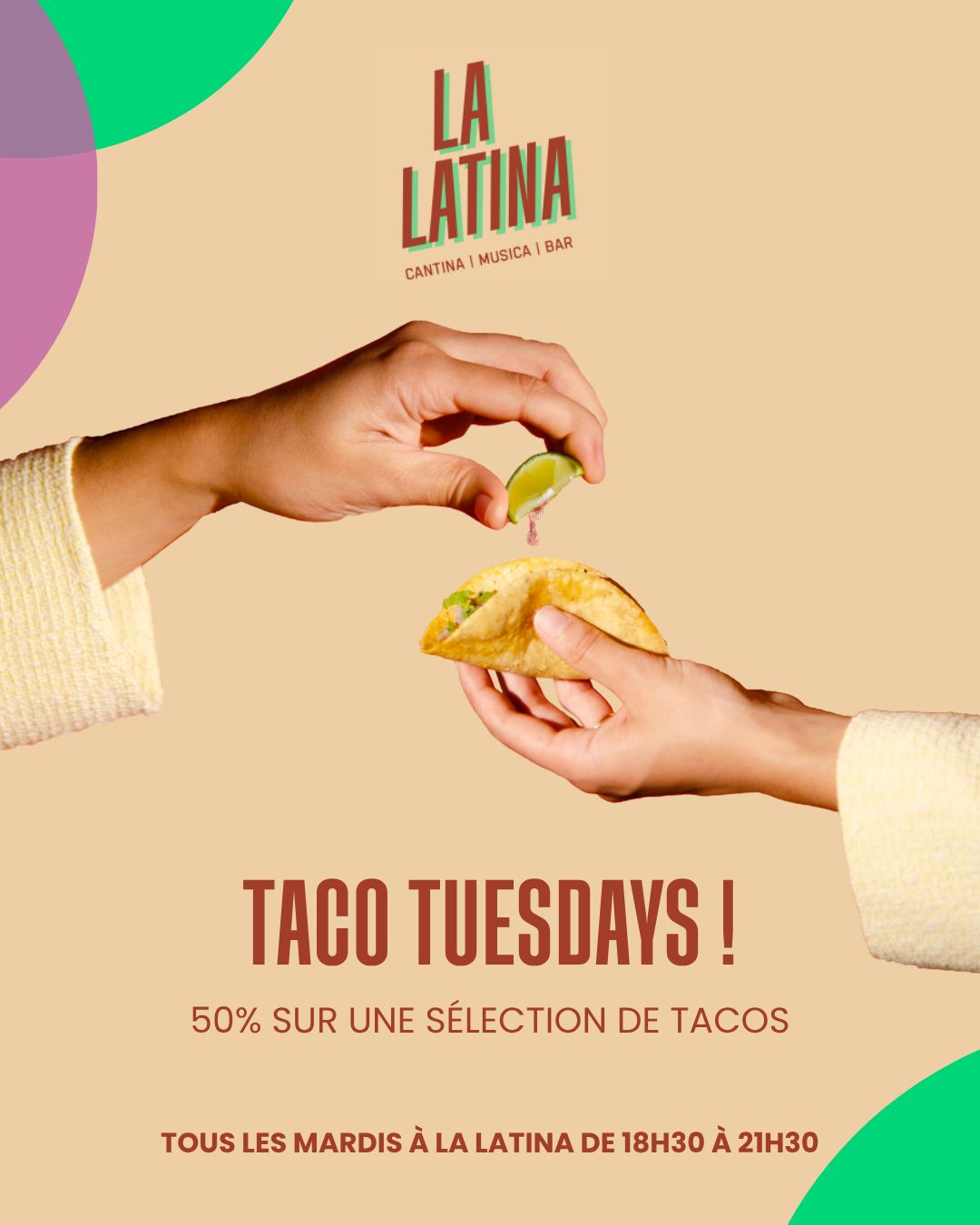 Taco Tuesdays à La Latina : 50% sur une sélection de tacos, tous les mardis de 18h30 à 21h30