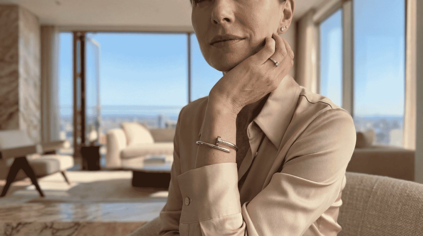 Femme élégante portant un bracelet de luxe, ambiance intérieure raffinée