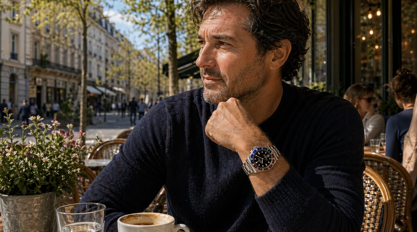 Montre de luxe portée au poignet, terrasse de café
