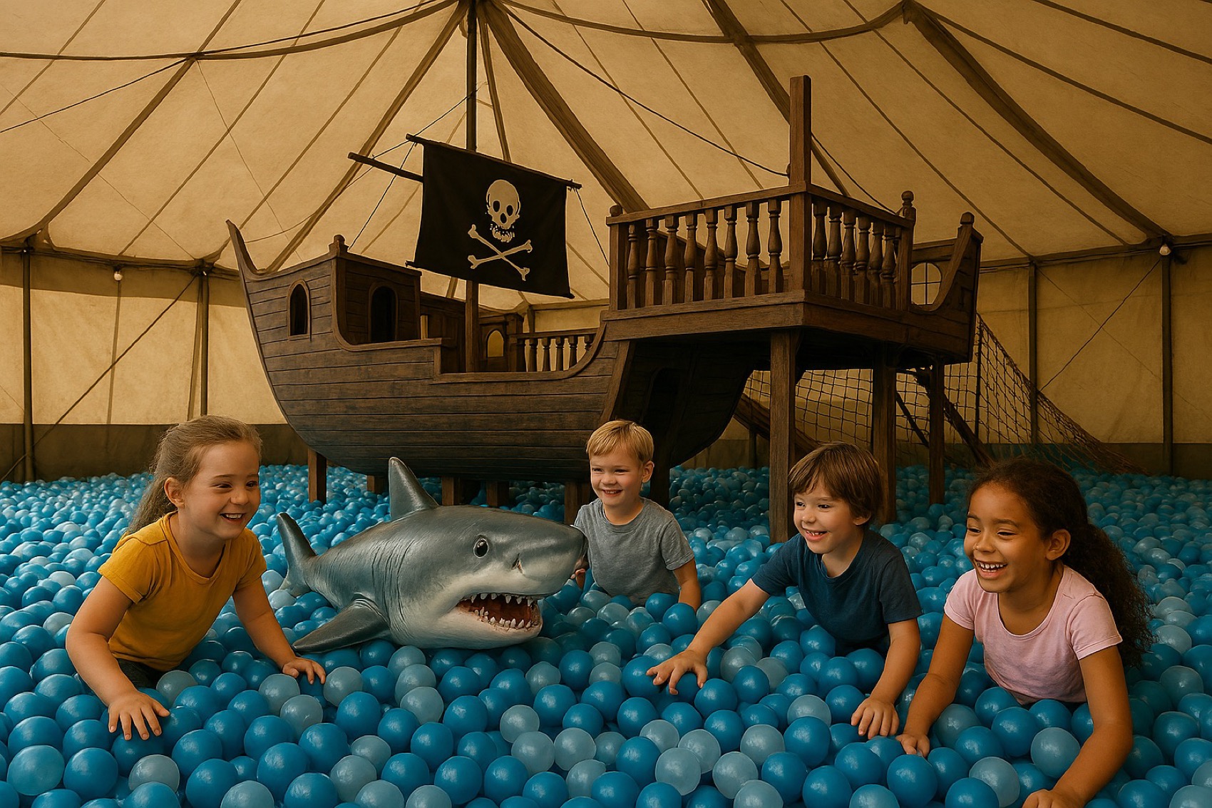 Piscine à balles géante de Pirates Aventure avec bateau pirate sur pilotis