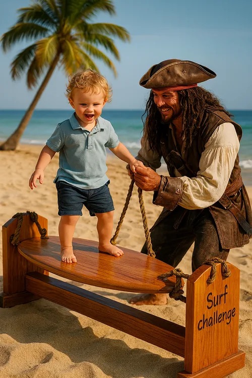 Surf sur sable de Pirates Aventure, planche sur cordes