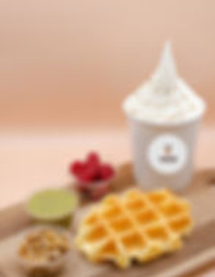 Gaufre accompagnée d'un yogourt glacé et de toppings